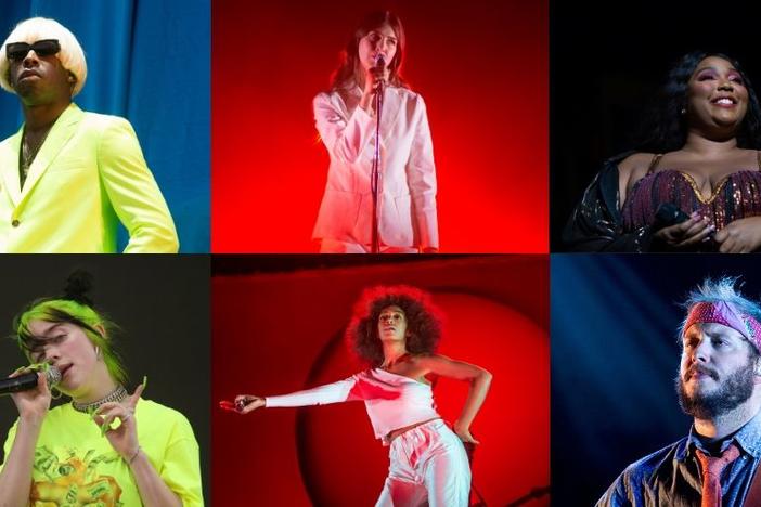 Clockwise from Top Left: Tyler, the Creator; Natalie Mering of Weyes Blood; Lizzo; Justin Vernon of Bon Iver; Solange; Billie Eilish. 