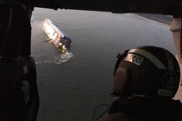 Coast Guard crews and port partners respond to a disabled cargo vessel with a fire on board in St. Simons Sound, Georgia. 