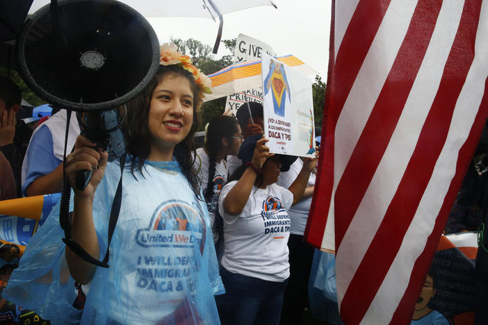 Claudia QuiÃ±onez (center) leads protesters in a chant at a rally for DACA in Washington, D.C.