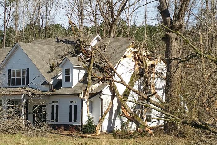 A large oak tree fell onto a house on Gordon Oaks Way.