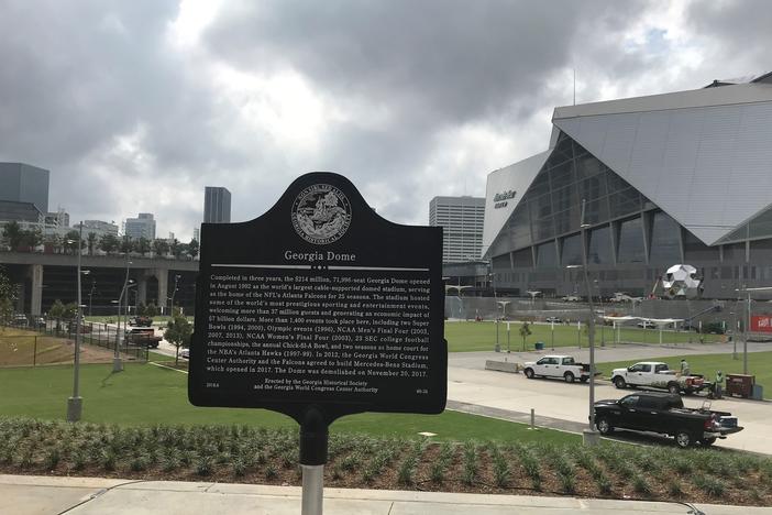 The historical marker that sits at the former site of the Georgia Dome. 