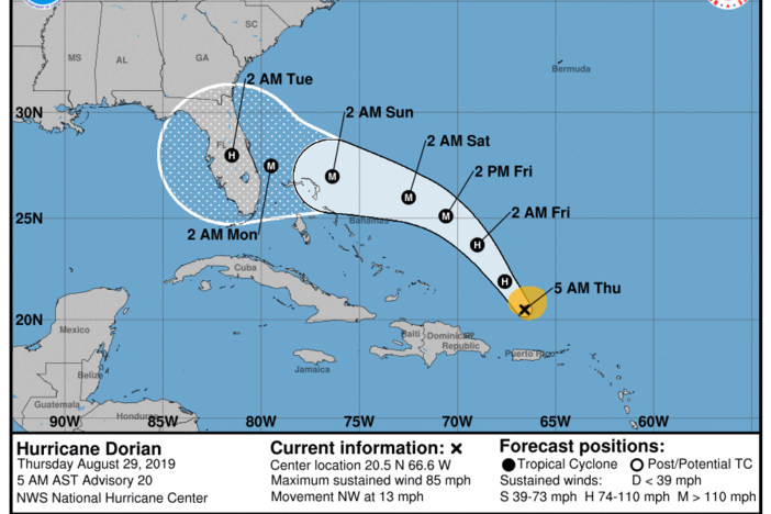 Part of the Georgia coast is no longer in the probable track of Hurricane Dorian, though storm conditions are still possible outside the forecast cone.