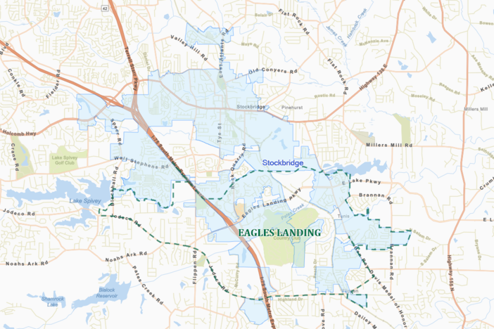 The proposed city of Eagles Landing (green outline) would require de-annexing part of the City of Stockbridge (light blue)