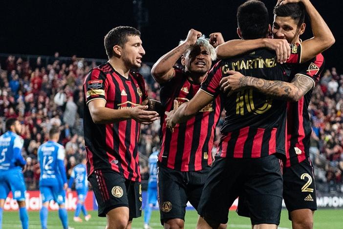 Atlanta United players celebrate a goal en route to a 3-0 over Motagua during the second leg of a Round of 16 matchup in the CONCACAF Champions League on Feb. 25, 2020.