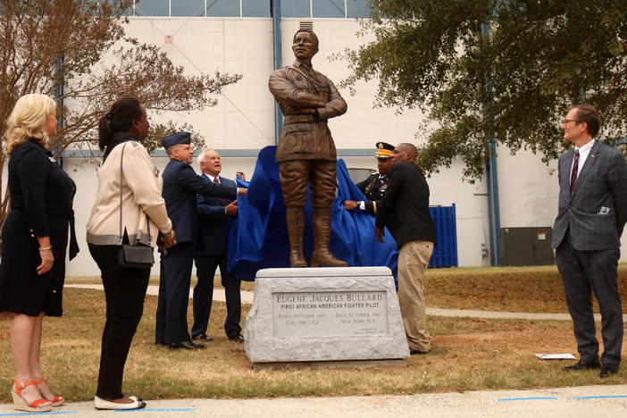 The Eugene Bullard statue at Warner Robbins Air Force Base, he was the world's first African American fighter pilot. 