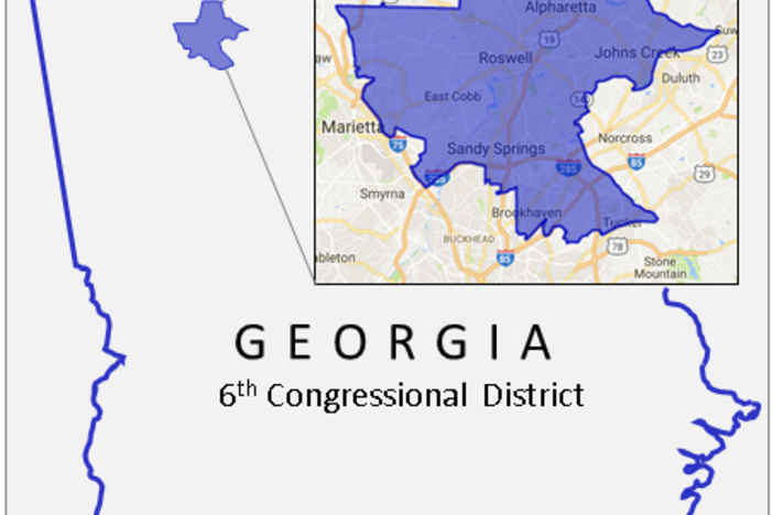 Georgia's 6th Congressional District includes Cobb County, Northern Fulton County and parts of Dekalb County.