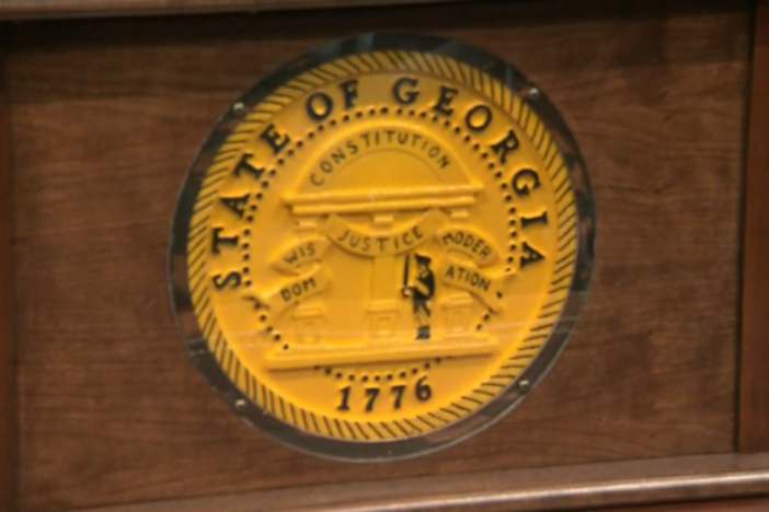The seal of the state of Georgia in Governor's ceremonial office where Gov. Brian Kemp addressed the state's response to the coronavirus on Thursday afternoon.