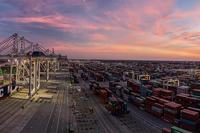 Ship-to-shore cranes load and unload vessels at the Georgia Ports Authority Garden City Terminal, in Savannah, Ga.