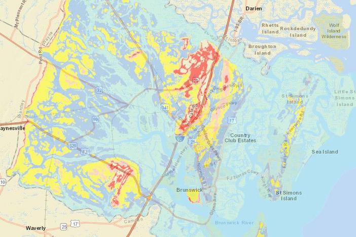 This map shows areas of Glynn County that would flood in a storm surge.