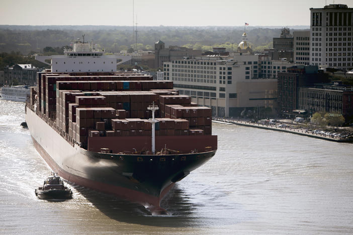 The Zim Tianjin sails past downtown Savannah on its way to the Port of Savannah Garden City Terminal in March 2015. At 1,145 ft. long, it was the largest ship ever to call at the port.