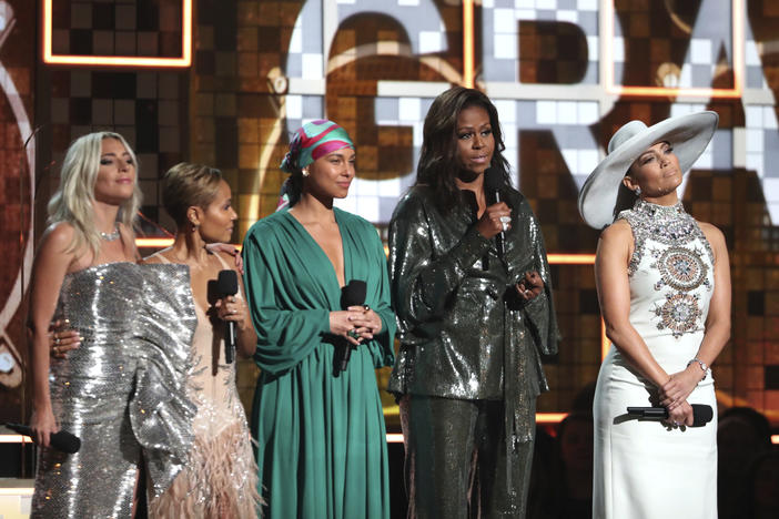 (L to R) Lady Gaga, Jada Pinkett Smith, Alicia Keys, Michelle Obama and Jennifer Lopez speak onstage during the 61st Annual Grammy Awards