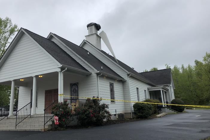 A spire was blown off a Hall County church during the storm.