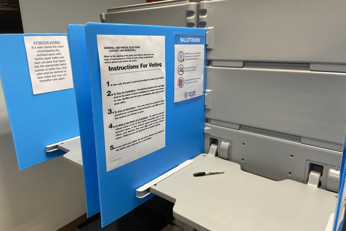 A voting booth is equipped with a Sharpie and instructions to use hand-marked paper ballots on March 24.