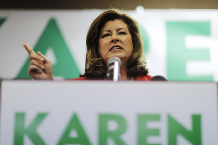 Republican candidate for Georgia's Sixth Congressional seat Karen Handel updates supporters on early results at an election night watch party in Roswell, Ga., Tuesday, April 18, 2017.