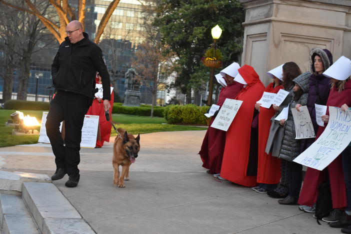 A group of women dressed like characters from the book and television show 'The Handmaid's Tale' hold signs during a protest in front of the state Capitol March 18, 2019.