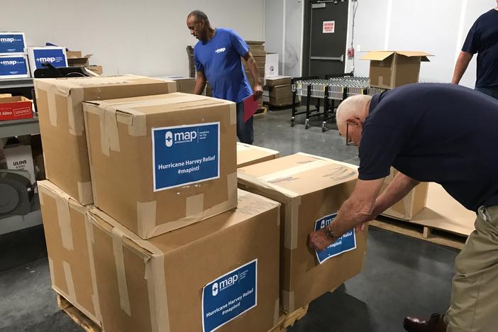 Disaster health kits are prepared for victims of Hurricane Harvey.