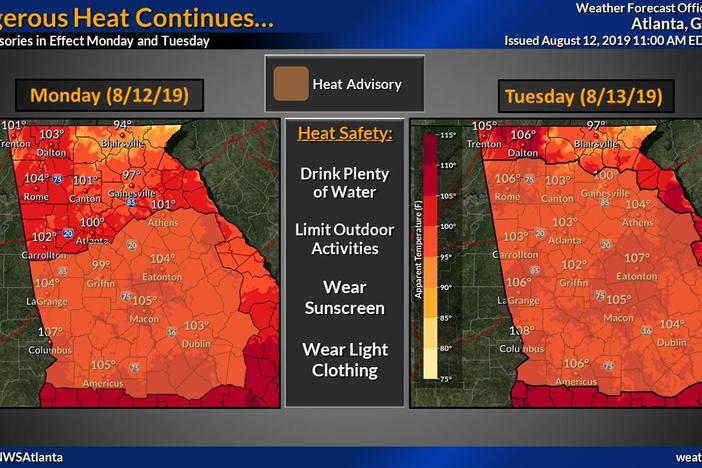 A heat advisory is in effect for most of Georgia through Tuesday.