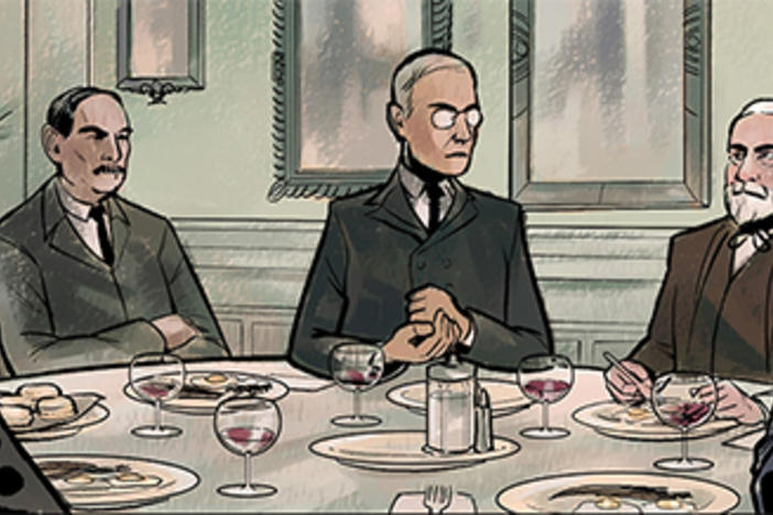 President Woodrow Wilson (c) and industrialist Andrew Carnegie (r) help stop a terrorist group that threatens the world in the graphic novel "The Jekyll Island Chronicles."
