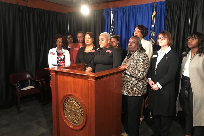 Georgia House Democrats hold a press conference to speak out against Senate Bill 77, which would give added protections to Confederate monuments. 