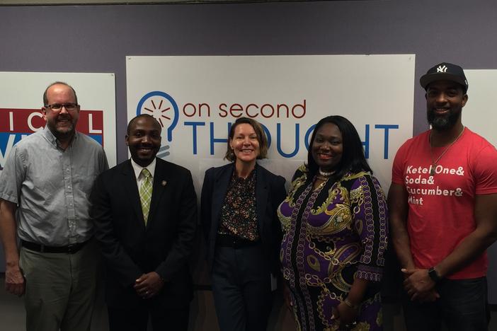 Dan Immergluck (left), Erik Provitt, Virginia Prescott (center), Bambie Hayes-Brown and Scotley Innis in the "On Second Thought" studio.