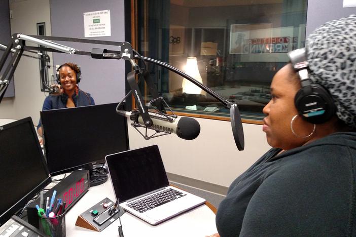 Location scout Jen Farris (l) talking with host Kalena Boller (r) at GPB's studios in Atlanta.