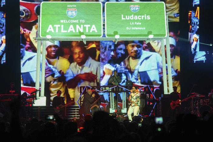 Jermaine Dupri, left, and Ludacris perform onstage at the Bud Light Super Bowl Music Fest at the State Farm Arena on Thursday, Jan. 31, 2019, in Atlanta.