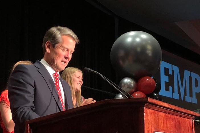 Brian Kemp speaks to supporters at an election night watch party in Athens.