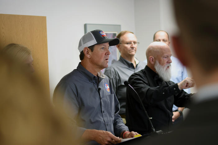 Gov. Brian Kemp discusses evacuations and emergency plans for Hurricane Dorian during a news conference Monday, Sept. 2, 2019, in Atlanta.