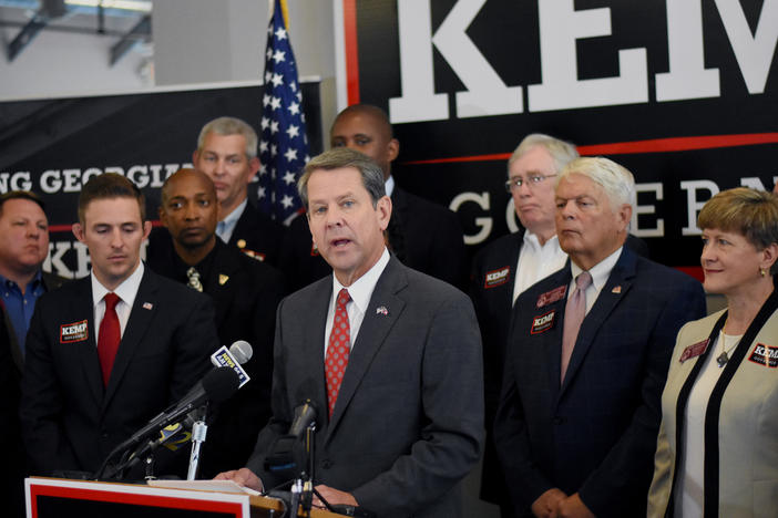 Brian Kemp speaks during a campaign event outlining policy intiatives for veterans in Georgia.