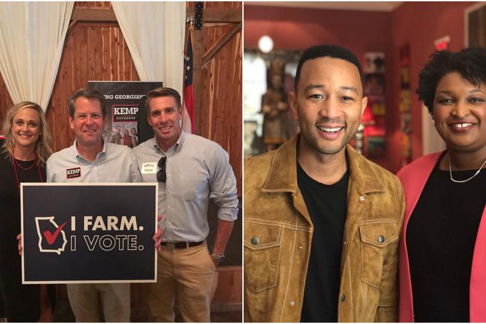 Left, Brian Kemp poses with supporters in Middle Georgia. RIght, Stacey Abrams poses with singer-songwriter John Legend
