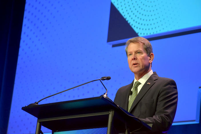 Gov. Brian Kemp speaks at the 2020 Eggs and Issues breakfast in Atlanta.