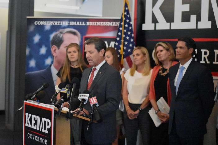 Republican nominee for governor Brian Kemp speaks at his Buckhead campaign headquarters about his school safety plan