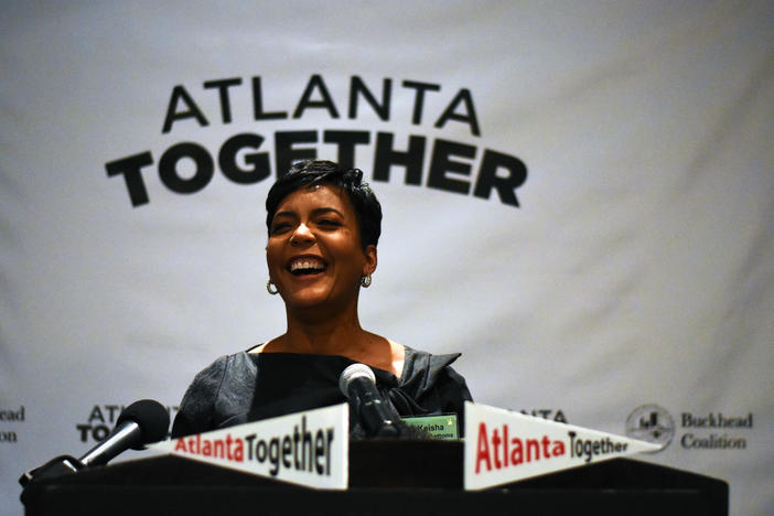 Atlanta Mayor Keisha Lance Bottoms laughs during a keynote speech in front of the Buckhead Coalition on January 31, 2018.