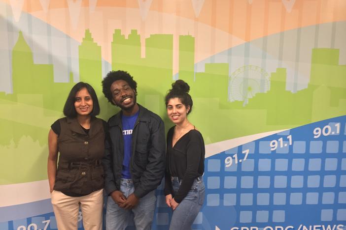 Oglethorpe University professor Reshmi Hebbar (left) challenges students Caleb Logan (center) and Yasmin Tehrani's notions of identity in a course called "Literary Tribalism."