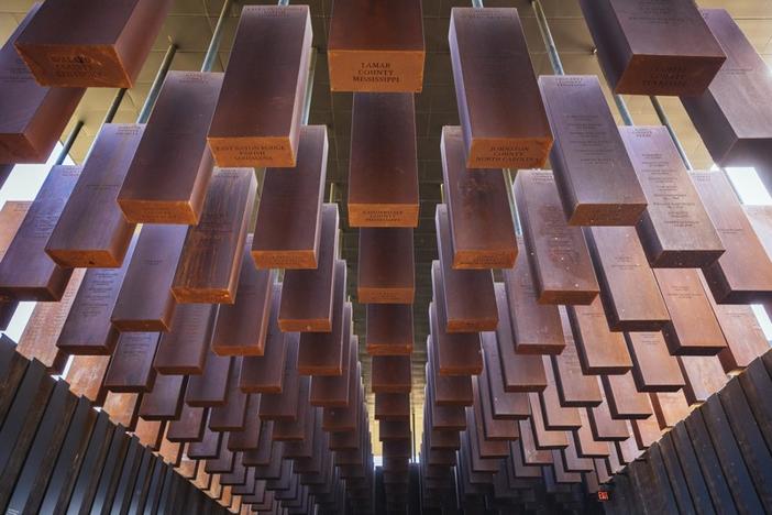 800 steel columns inside of the National Memorial For Peace and Justice in Montgomery, Ala. The columns recognize the names of lynching victims.