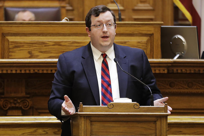 Georgia Sen. Josh McKoon, R - Columbus, speaks in favor of a bill allowing concealed handguns on public college campuses at the Capitol in Atlanta, Tuesday, March 28, 2017.