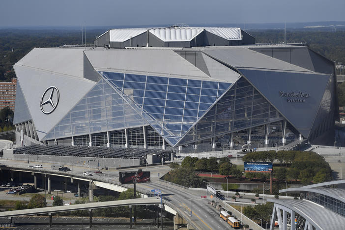 Home of the NFL football Atlanta Falcons and the MLS soccer team, Atlanta United, the Mercedes-Benz stadium is seen, Wednesday, Oct. 4, 2017, in Atlanta.