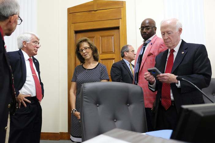 Macon-Bibb County Commissioners Valerie Wyn, third from left, and Mallory Jones, right, spearheaded an effort to derail a proposed property tax hike in Macon Tuesday.
