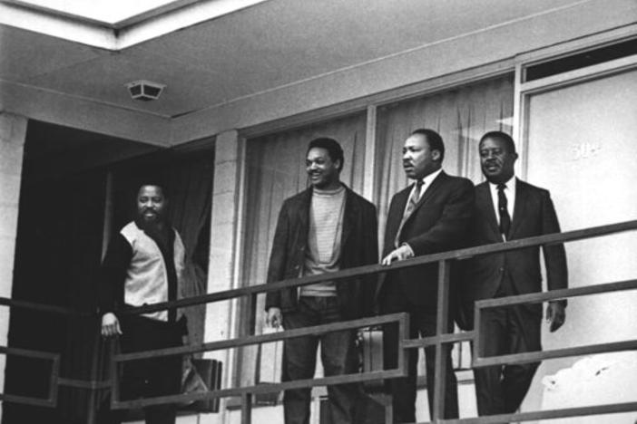 The Rev. Martin Luther King Jr. stands with other civil rights leaders on the balcony of the Lorraine Motel in Memphis, Tenn., on April 3, 1968, a day before he was assassinated at approximately the same place.