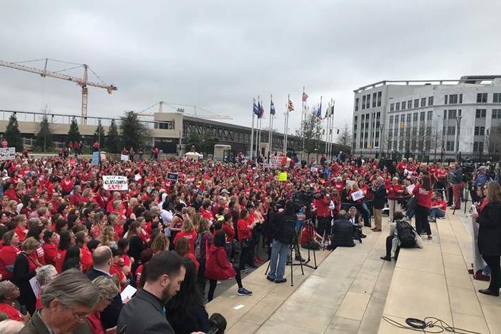 Members of Mothers Demand Action and Everytown for Gun Safety rally outside the Georgia State Capitol in favor of gun control, February 21, 2018.