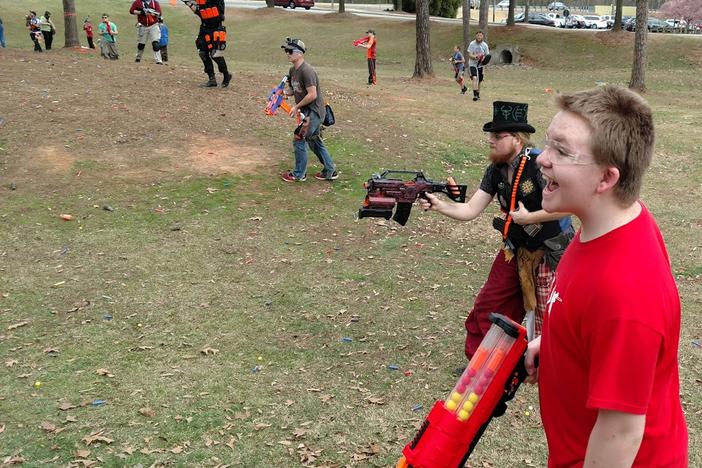 Spencer "Sporky" Tousignant, 23, of Woodstock, Georgia and Ryan Hersker, 14, of Dallas, Georgia at the Nerf War match in Marietta on Feb. 11, 2017.