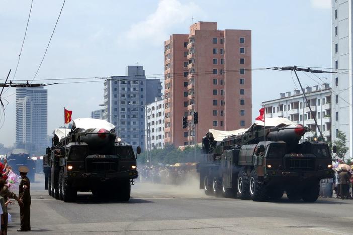 Ballistic missiles on display during a North Korean military parade.