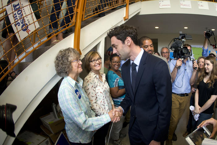 Democratic candidate for Georgia's Sixth Congressional seat Jon Ossoff greets supporters at a campaign field office Tuesday, April 18, 2017, in Marietta.