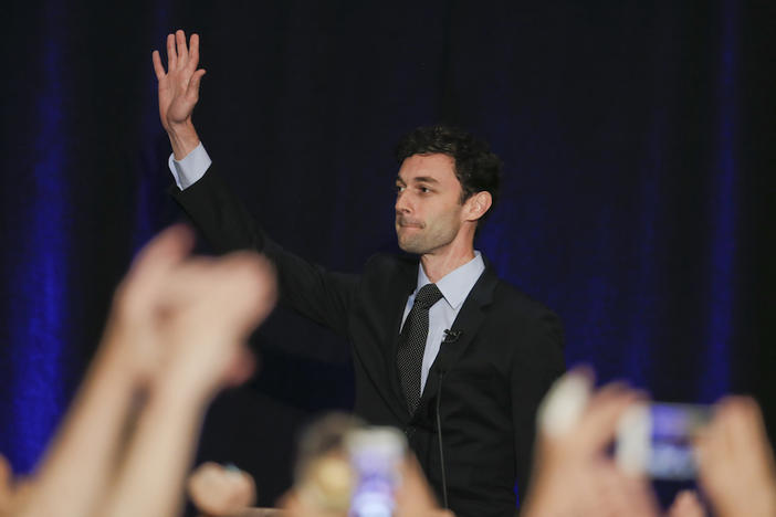 Democratic candidate for Georgia's Sixth Congressional Seat Jon Ossoff waves to supporters after speaking during an election-night watch party Tuesday, April 18, 2017, in Dunwoody, Ga.