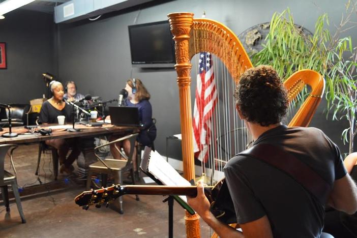 Host Celeste Headlee (m) talks with Grammy-nominated jazz singer Rene Marie (l)  as Savannah artist Jackson Evans waits to perform during our live broadcast on March 25, 2016.