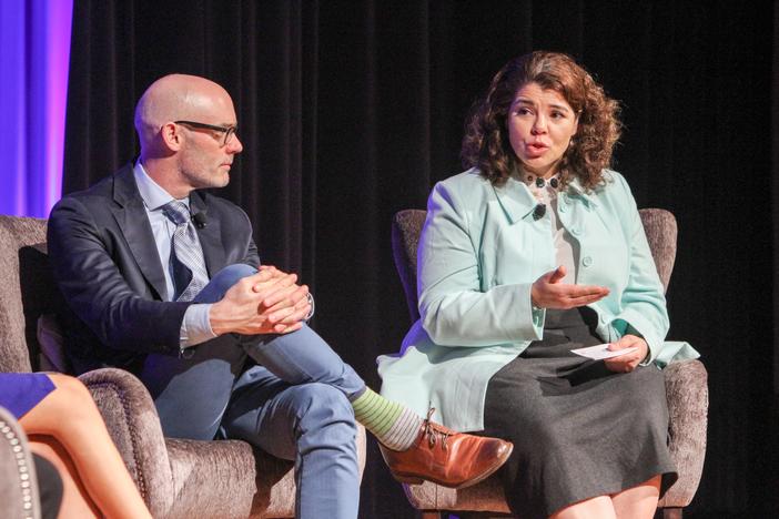 Celeste Headlee hosts a panel about workplace diversity on Feb. 21, 2018 at the Carter Center in Atlanta. Listening to her is Scott Page, a diversity expert at the University of Michigan.