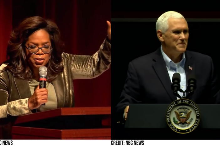 Oprah Winfrey (left) joins Stacey Abrams at a campaign rally in Decatur, while Vice President Mike Pence joins Brian Kemp at a rally in Savannah, November 1, 2018.