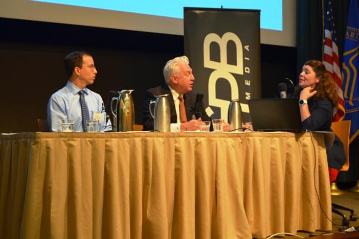 Host Celeste Headlee (far right) speaks with Terry Pechacek (middle), a professor of health management and policy at Georgia State University, and David Weiss (far left) of Emory University's Vaccine Center about the biggest threats to public health today