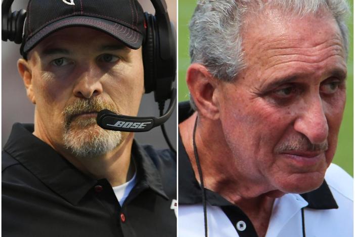 Atlanta Falcons head coach Dan Quinn (left) is on the hot-seat after a 1-7 start. Team owner Arthur Blank (right) will ultimately make the decision on a potential coaching change.