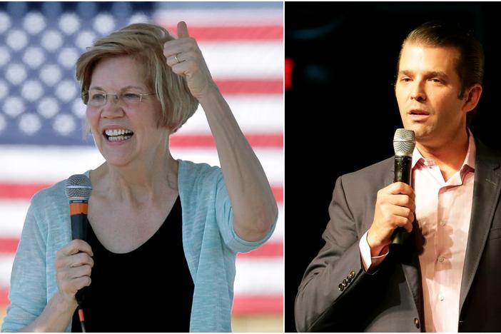 Left: Sen. Elizabeth Warren, D-Mass., during a town hall event, in Natick, Mass. Right: Donald Trump Jr. speaks at a rally in Orlando, Fla. 